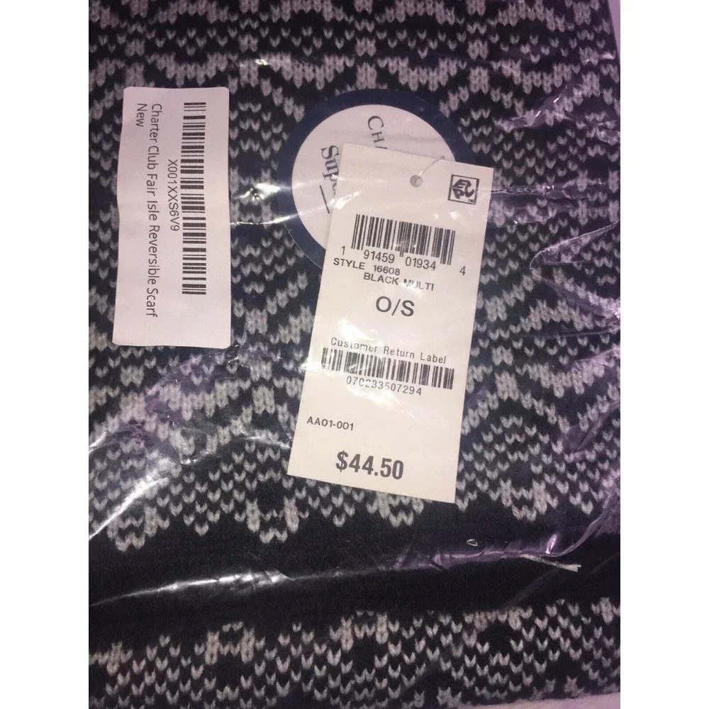 Charter Club Reversible Fair Isle Scarf in Black Multi, Retail $44.50